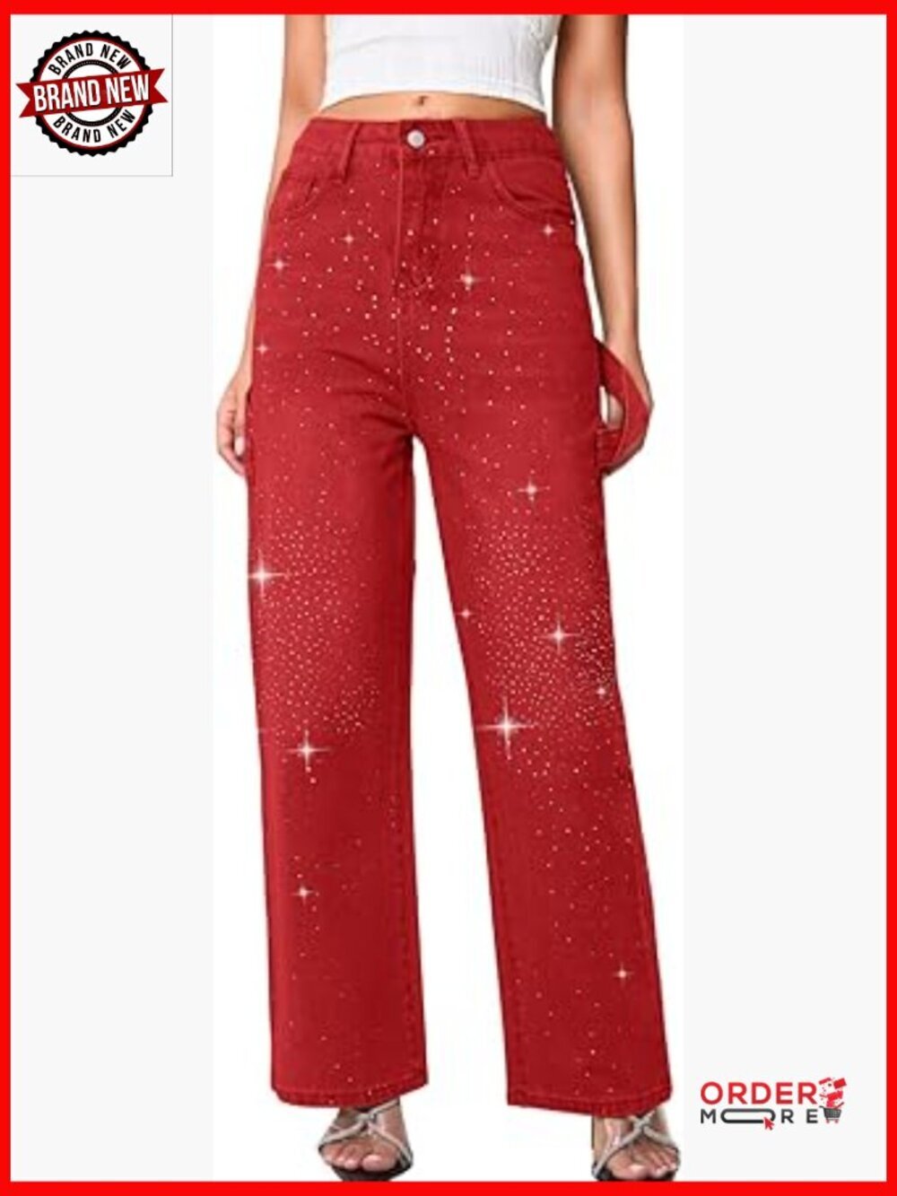 Sparkly Rhinestone Straight Leg Low Rise Baggy Jeans Embellished Denim - Picture 1 of 7